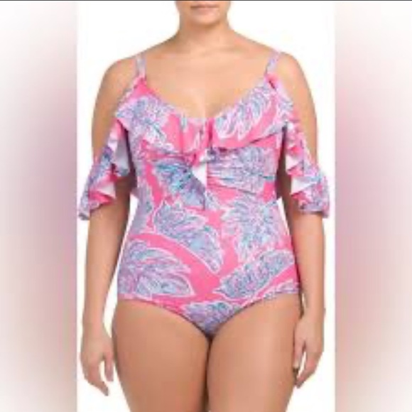 Nicole Miller One piece Leaves print pink blue cold shoulder ruffled Swimsuit 1X - Picture 1 of 7